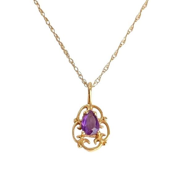 Vintage 14K Gold Amethyst Necklace Purple Scroll Pendant Dainty 10k 18” Chain - Picture 1 of 11